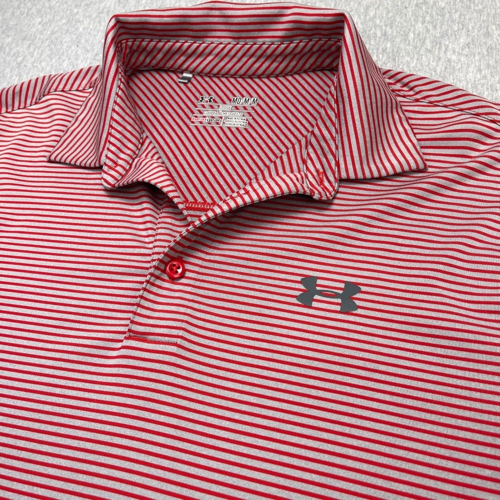 Under Armour HeatGear Mens Medium Red Gray Striped Loose Fit Golf Polo Shirt